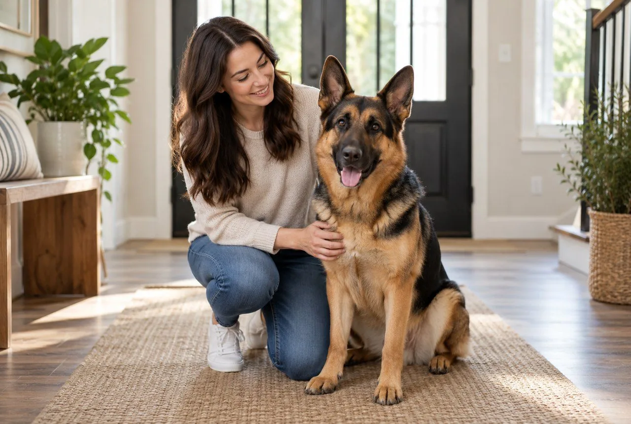 Owner kneeling beside a German-shepherd-like dog