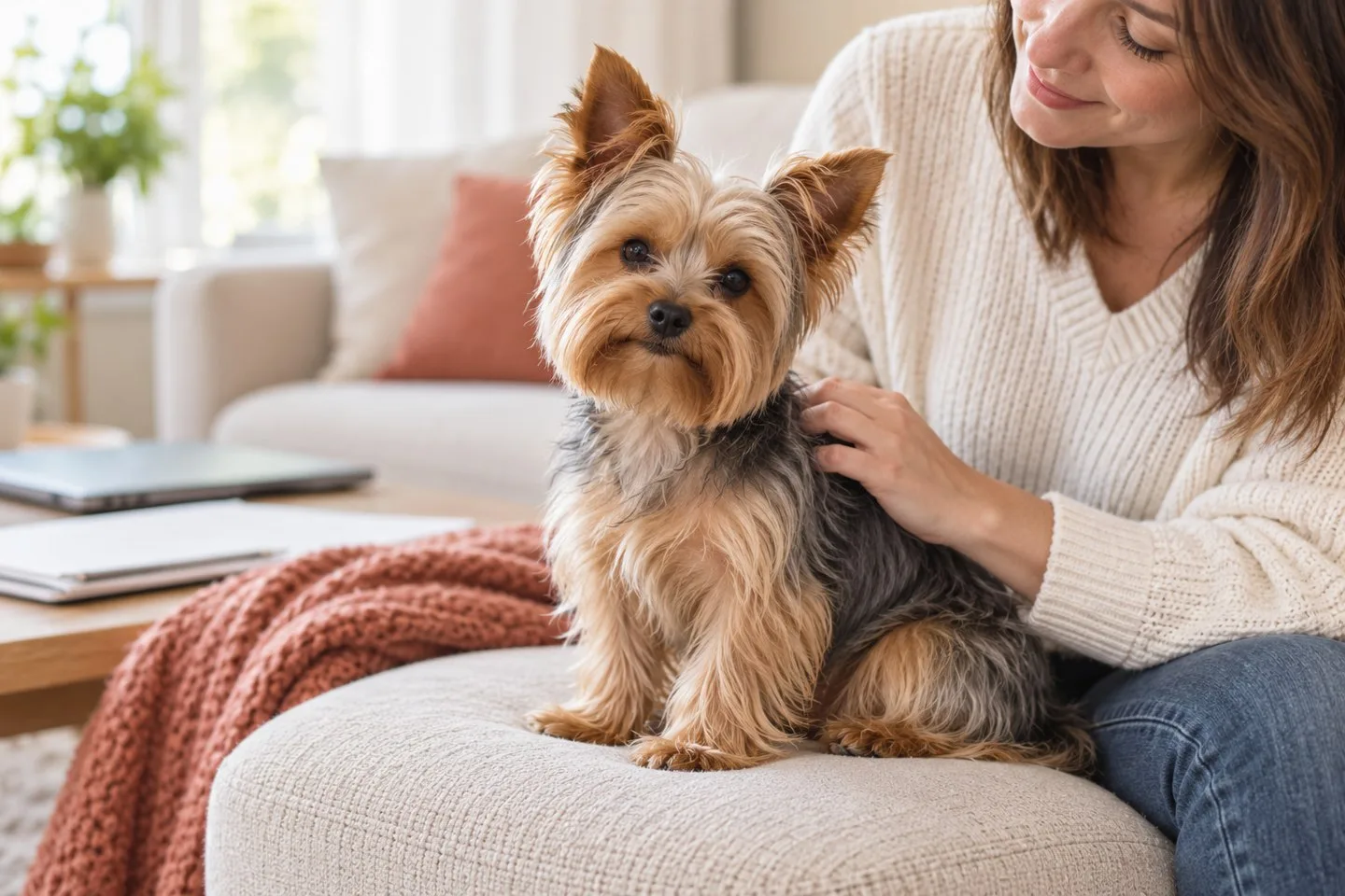 Small tan-and-gray dog beside an owner on an ottoman